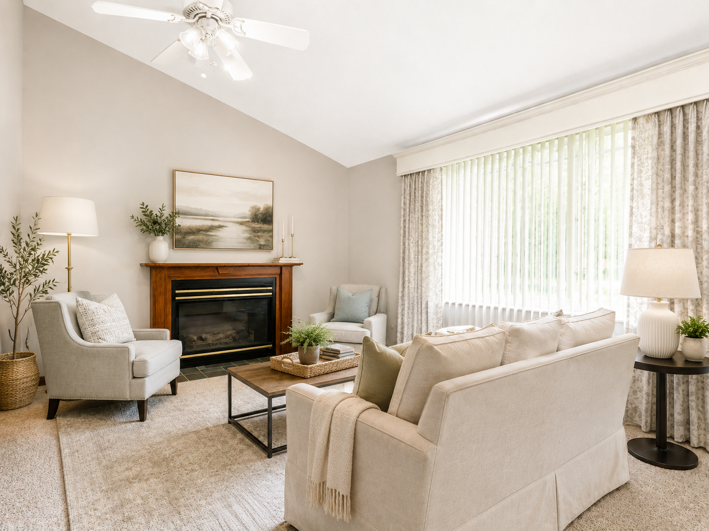 Vaulted-ceiling living room with fireplace